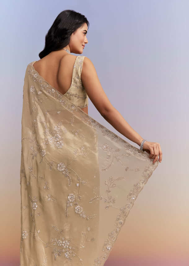 Beige Tissue Silk Saree With Heavy Hand Work Beige Tissue Silk Saree With Heavy Hand Work