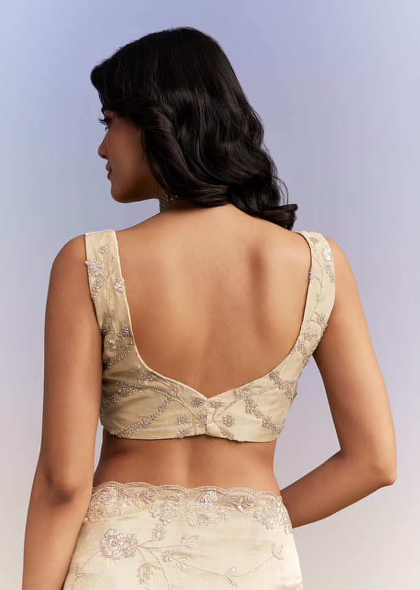 Beige Tissue Silk Saree With Heavy Hand Work Beige Tissue Silk Saree With Heavy Hand Work