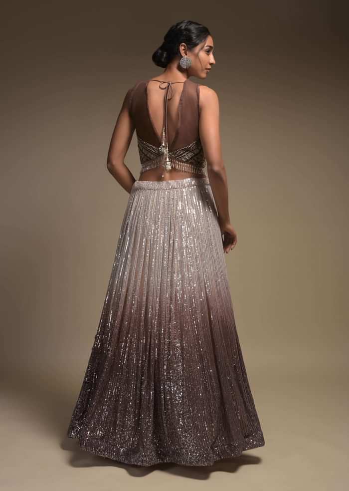 Beige And Taupe Shaded Skirt In Net With Sequins Work And Embellished Sleeveless Crop Top