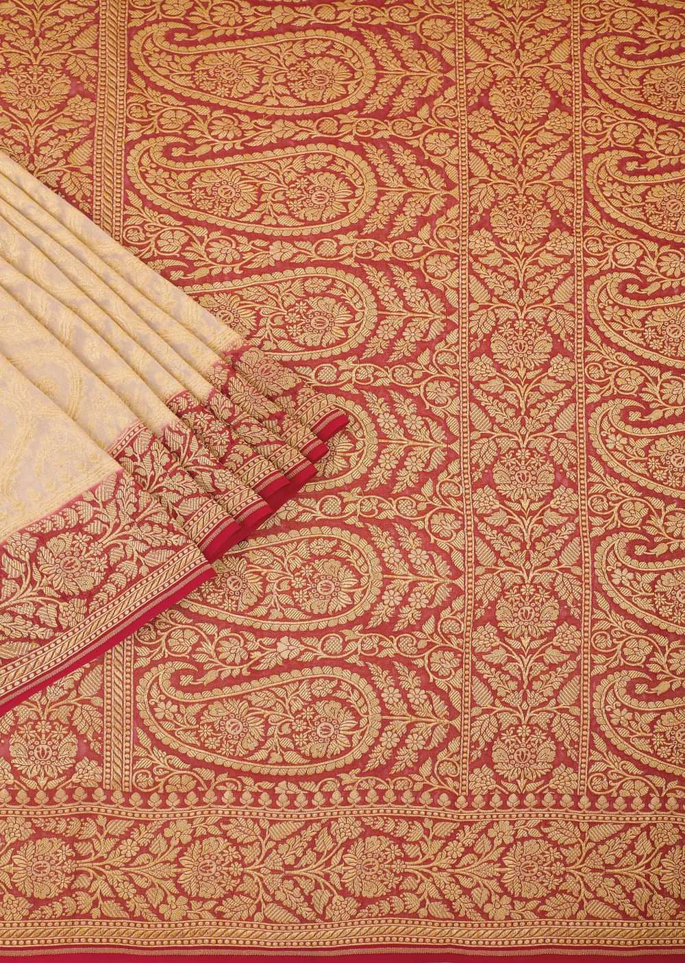 Beige Banarasi Khaddi Saree With Diagonal Zari Checks