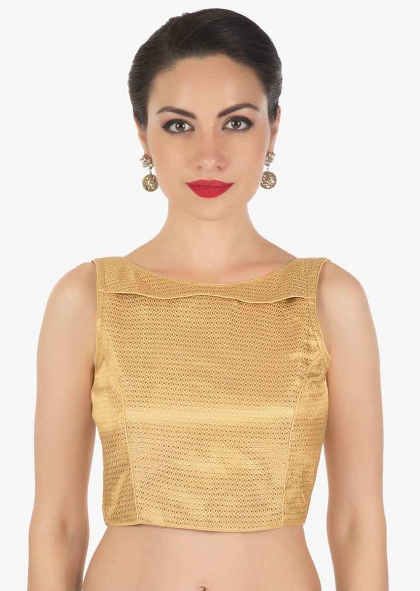 Beige Blouse In Lurex With Double Layer Neckline Online - Kalki Fashion