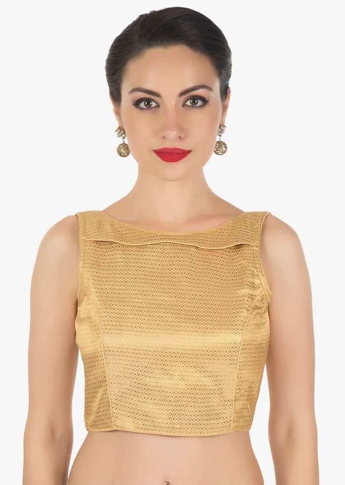 Beige Blouse In Lurex With Double Layer Neckline Online - Kalki Fashion