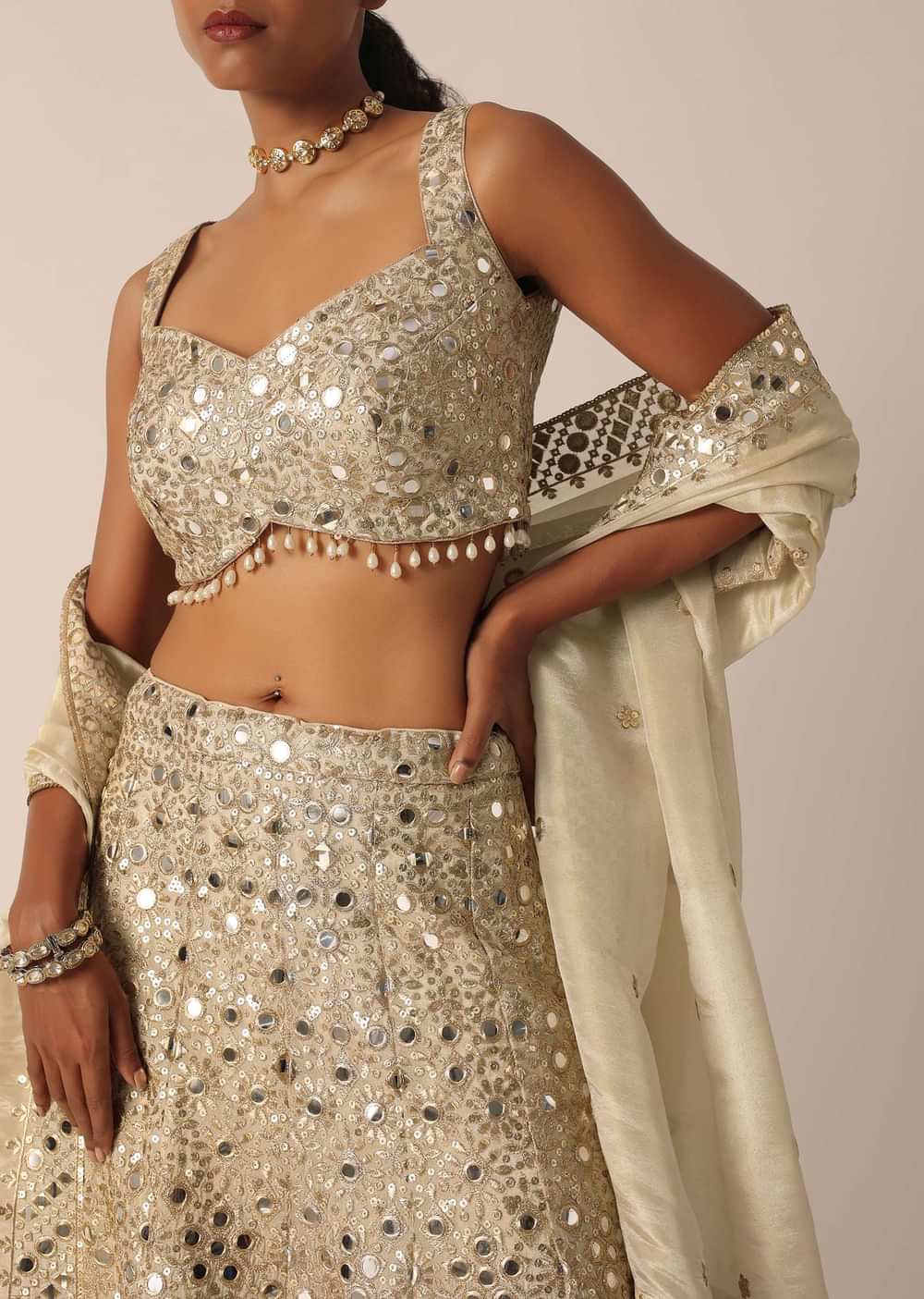 Beige Chanderi Mirror Embellished Lehenga Set