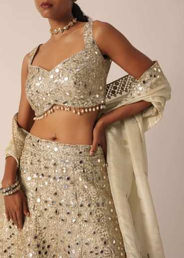 Beige Chanderi Mirror Embellished Lehenga Set