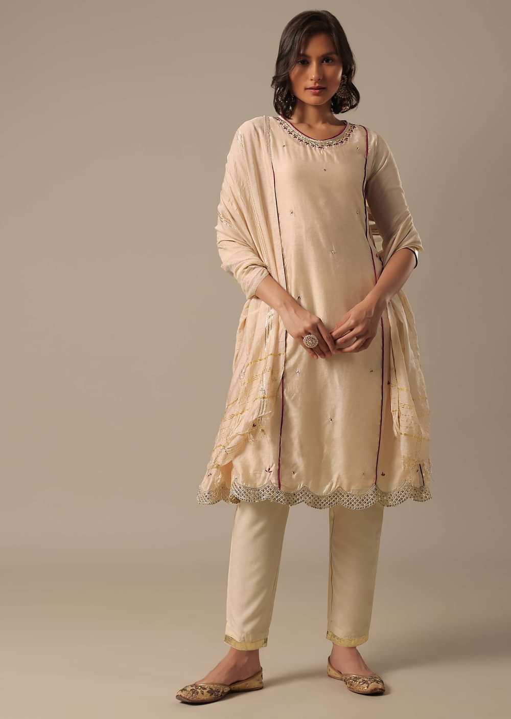 Beige Chanderi Pant Set With Sequin Kurta
