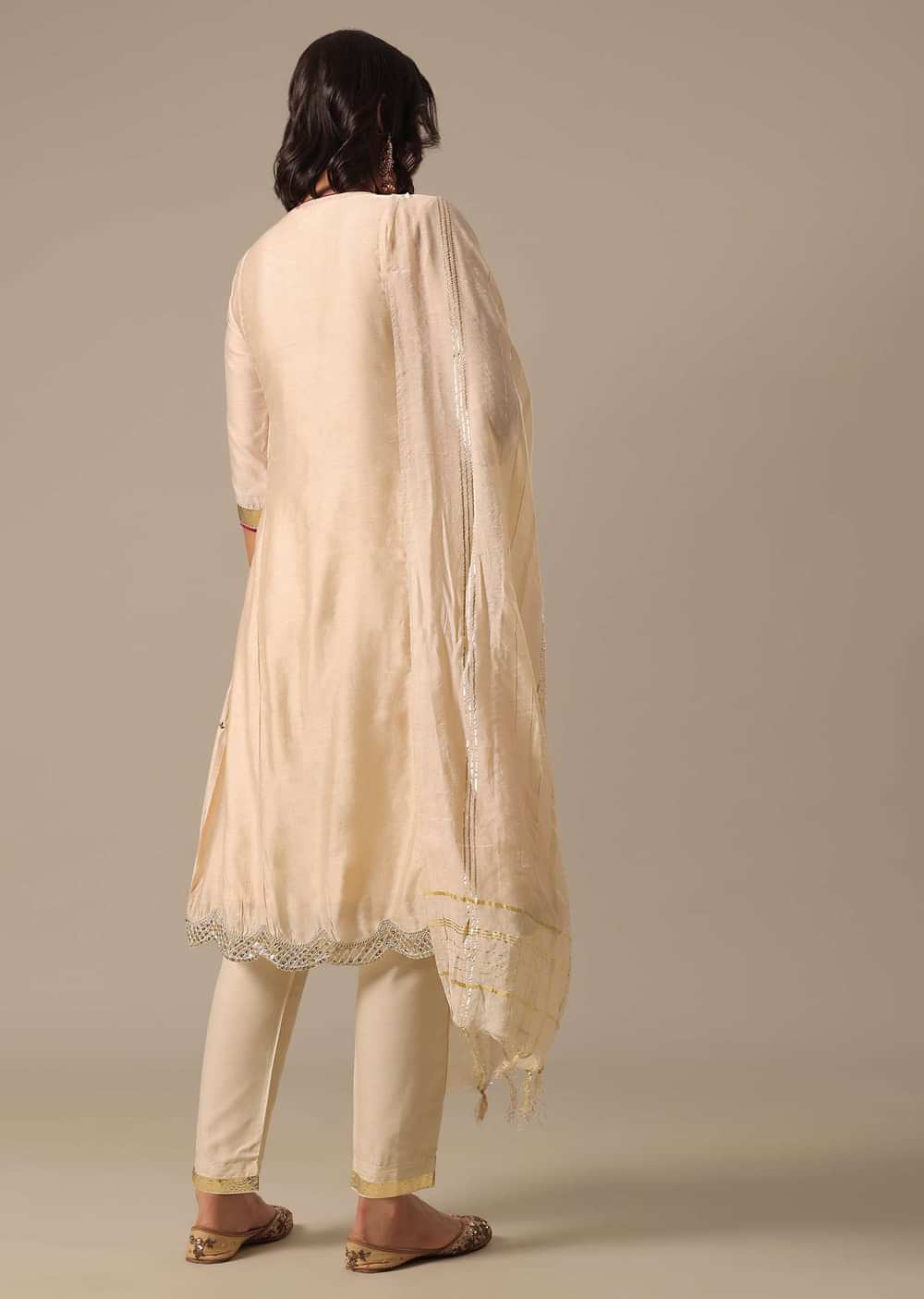 Beige Chanderi Pant Set With Sequin Kurta