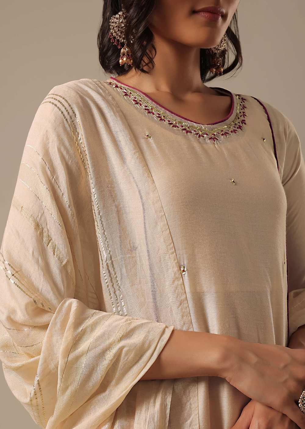 Beige Chanderi Pant Set With Sequin Kurta