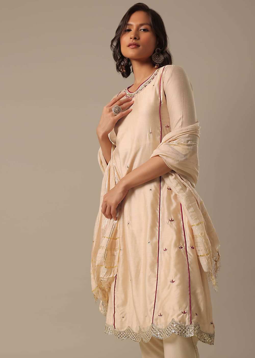 Beige Chanderi Pant Set With Sequin Kurta