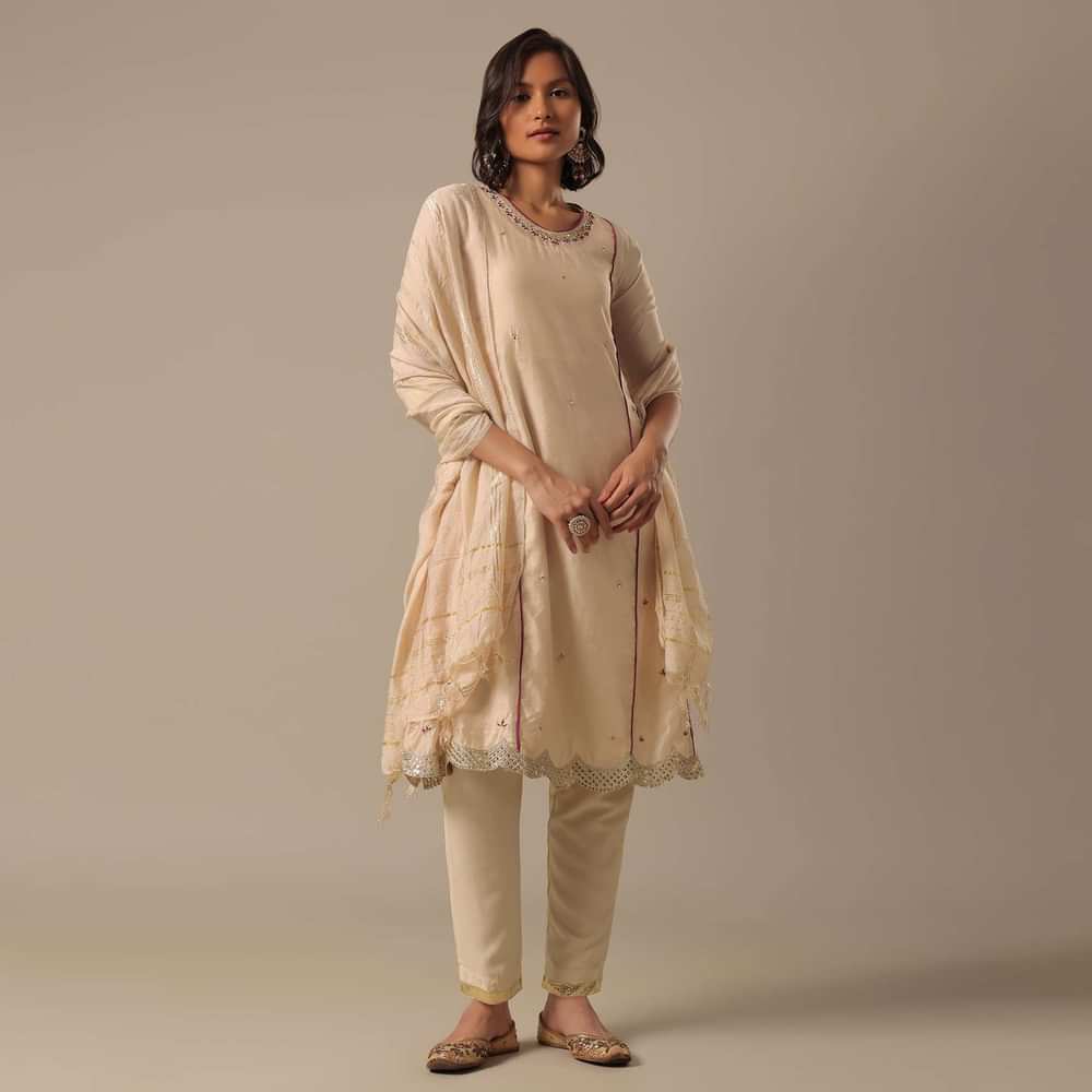 Beige Chanderi Pant Set With Sequin Kurta