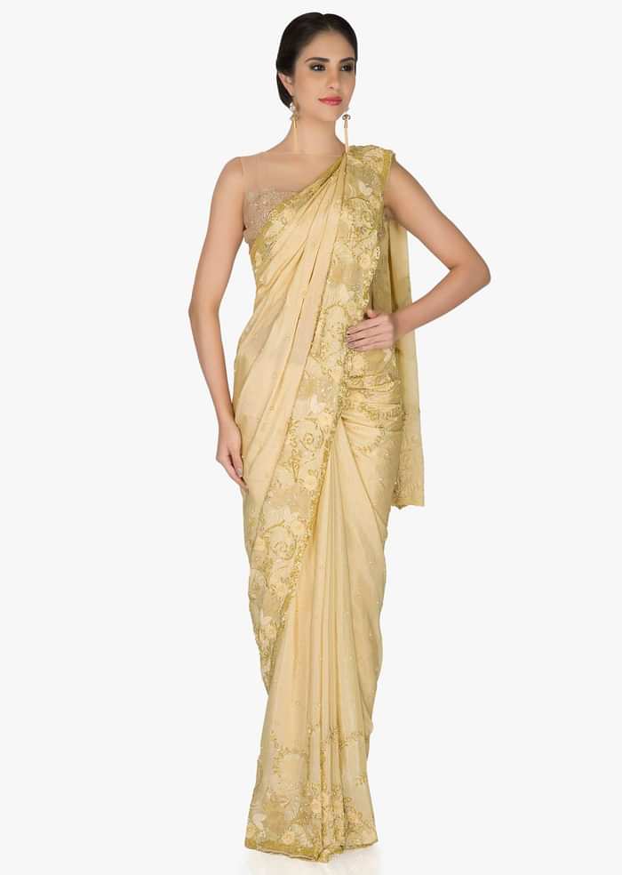 Beige Chiffon Saree and Blouse Crafted with Zari, Cut Dana and Moti only on Kalki