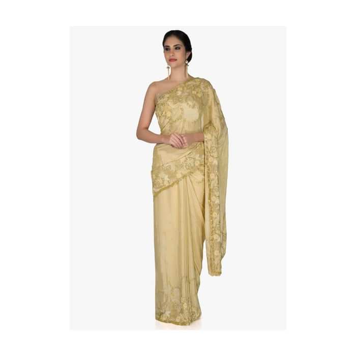 Beige Chiffon Saree and Blouse Crafted with Zari, Cut Dana and Moti only on Kalki