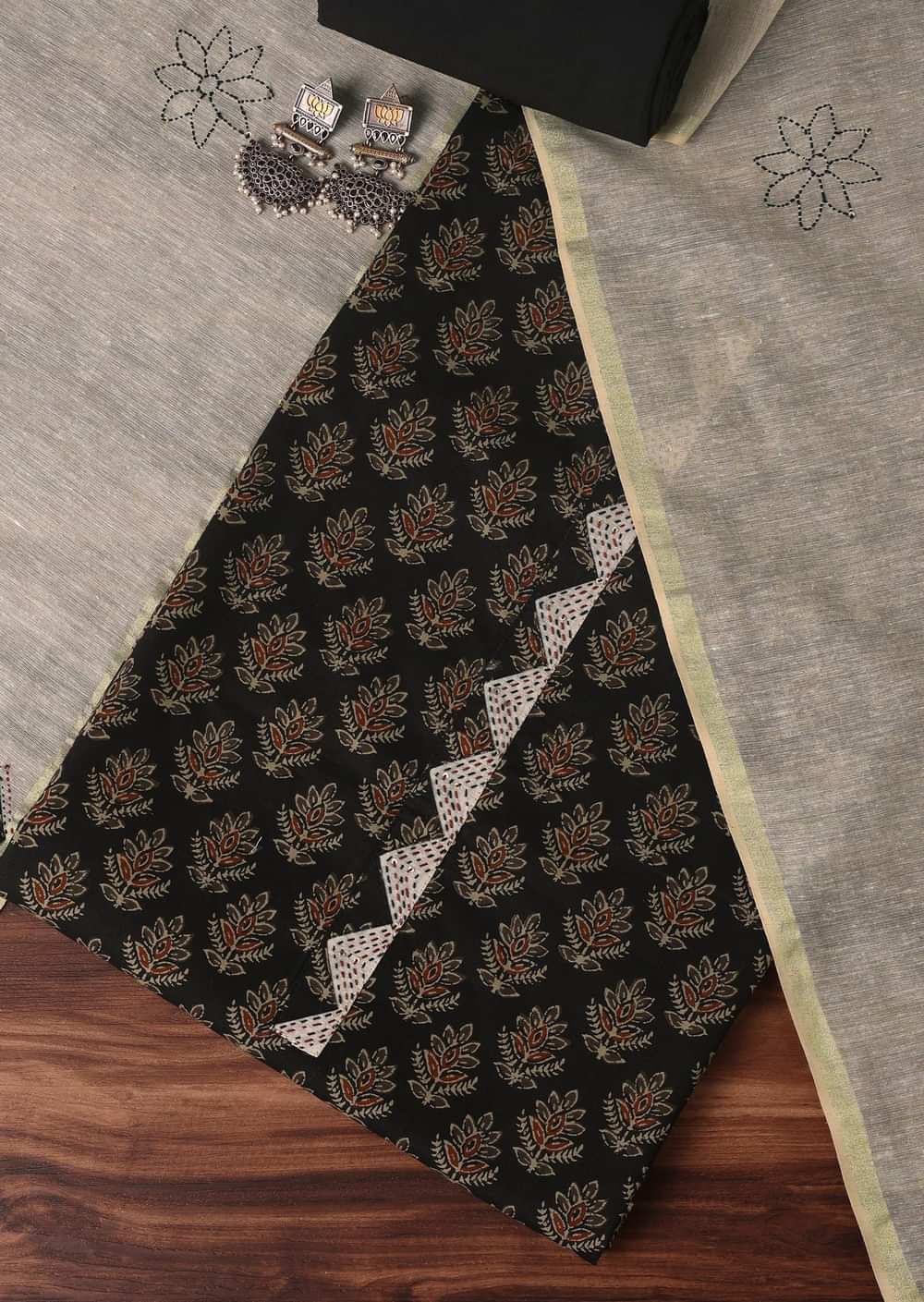 Black Cotton Indie Block Print Unstitched Dress Material