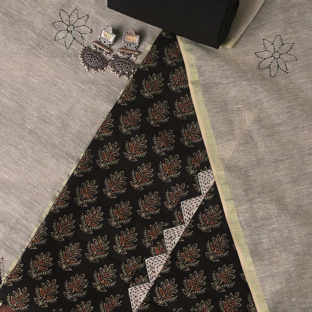Black Cotton Indie Block Print Unstitched Dress Material