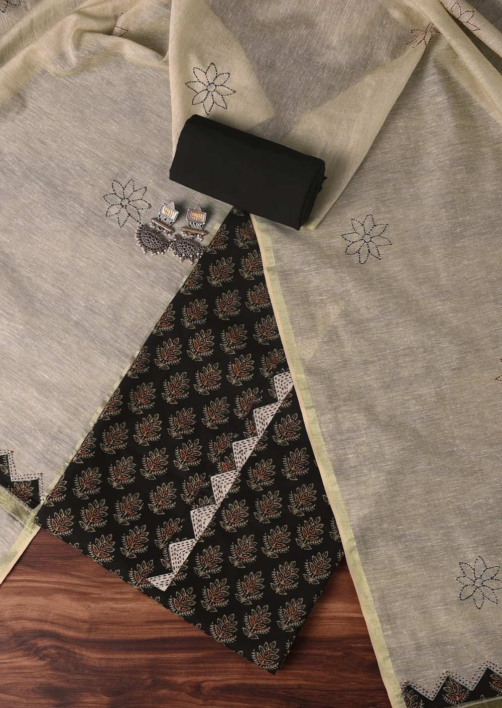 Black Cotton Indie Block Print Unstitched Dress Material
