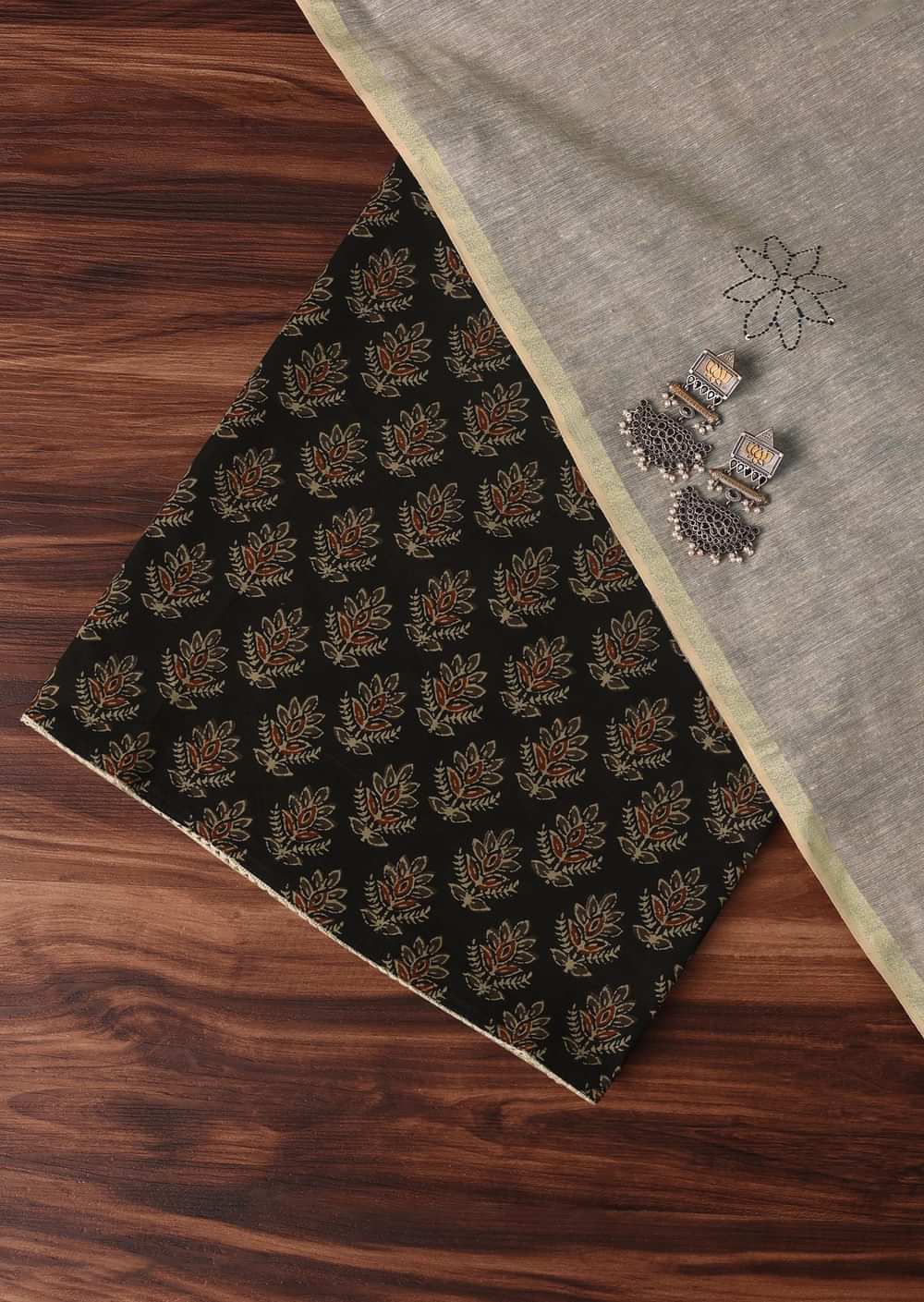Black Cotton Indie Block Print Unstitched Dress Material
