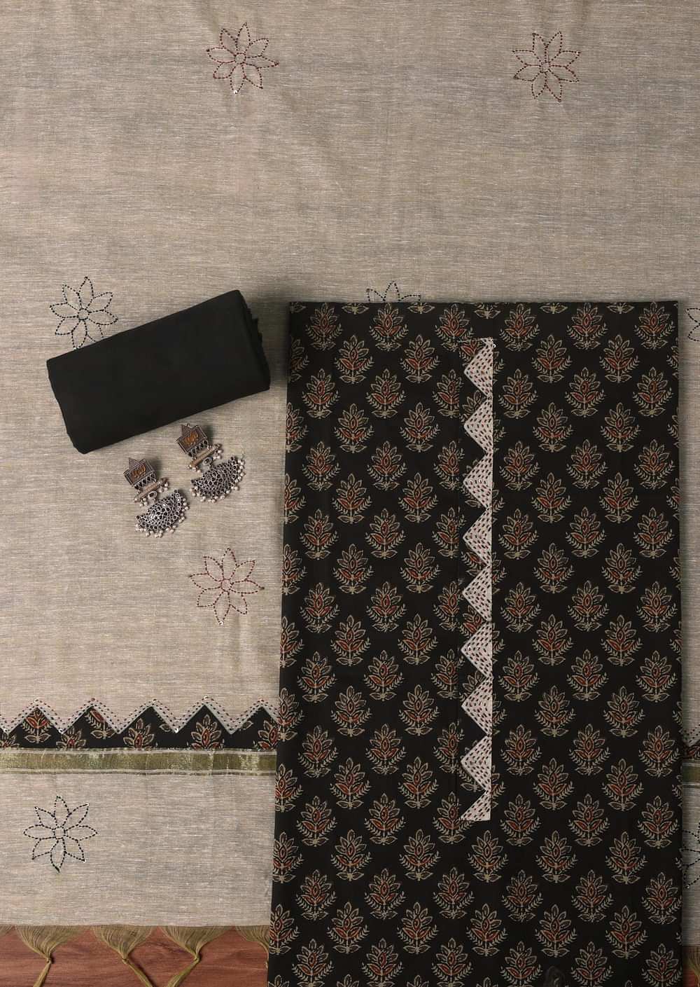 Black Cotton Indie Block Print Unstitched Dress Material