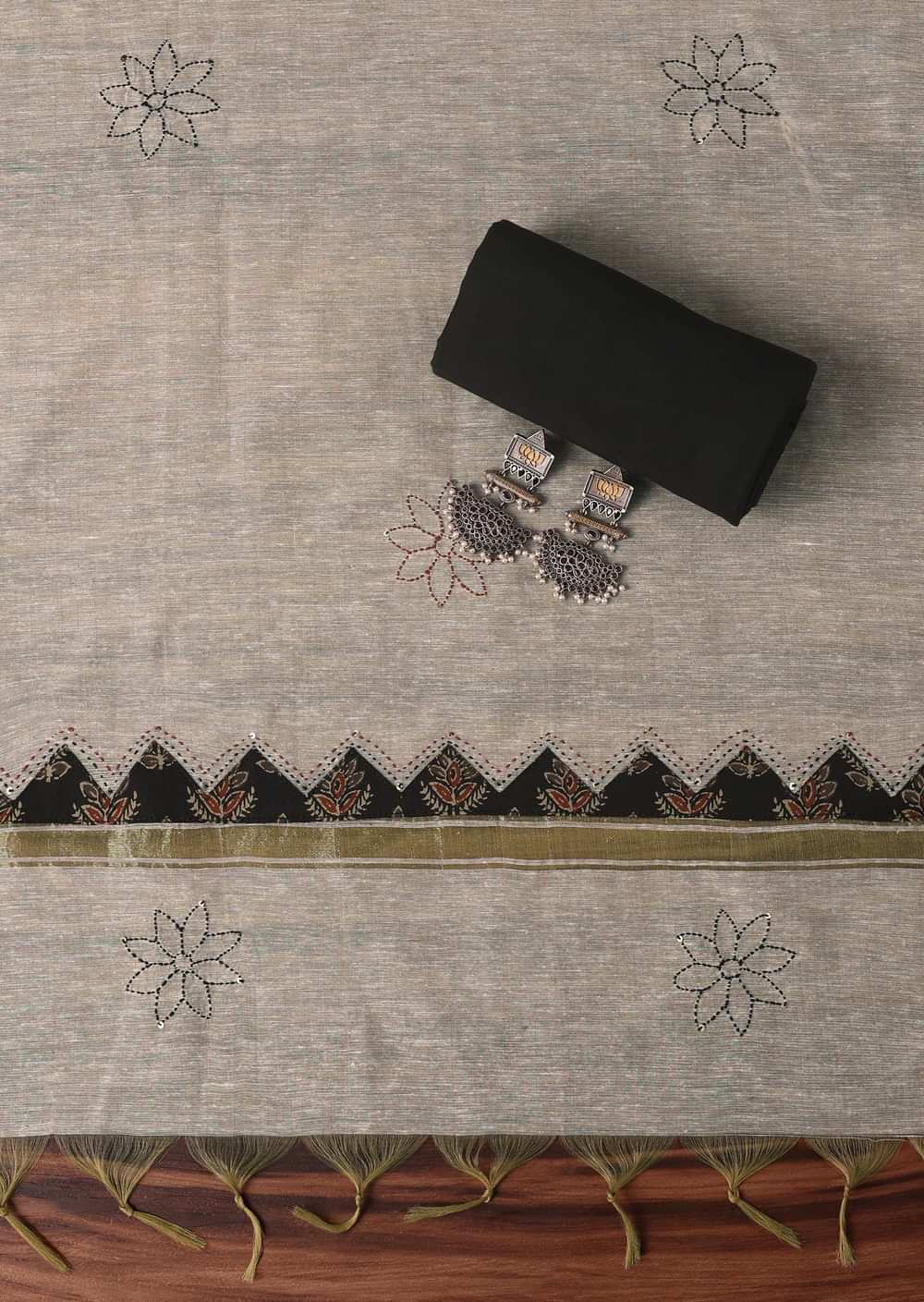 Black Cotton Indie Block Print Unstitched Dress Material