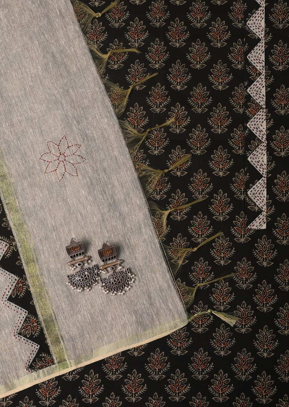 Black Cotton Indie Block Print Unstitched Dress Material