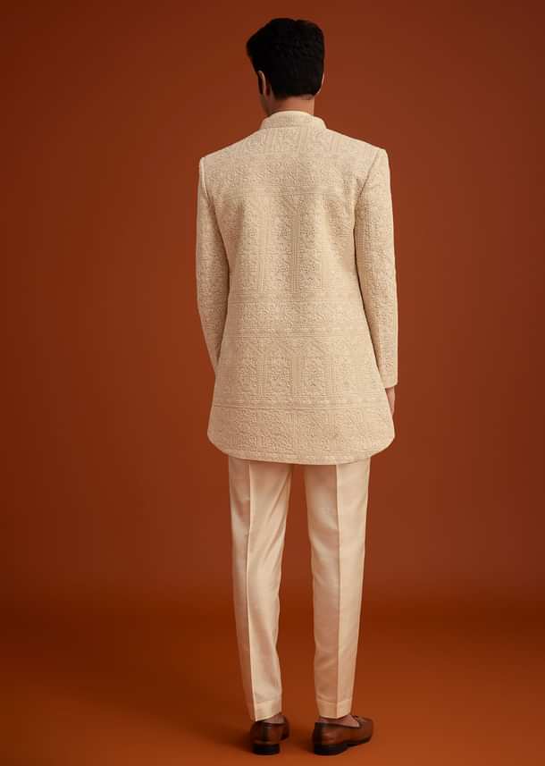 Beige Cotton Silk Open Sherwani Set With Resham Work