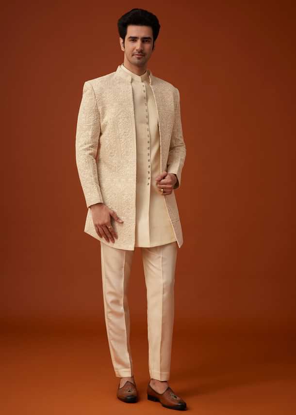 Beige Cotton Silk Open Sherwani Set With Resham Work