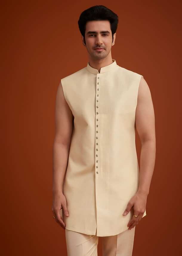 Beige Cotton Silk Open Sherwani Set With Resham Work