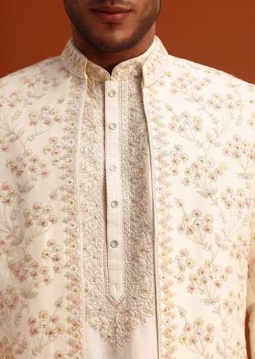 Beige Cotton Silk Sherwani Set With Hand Work