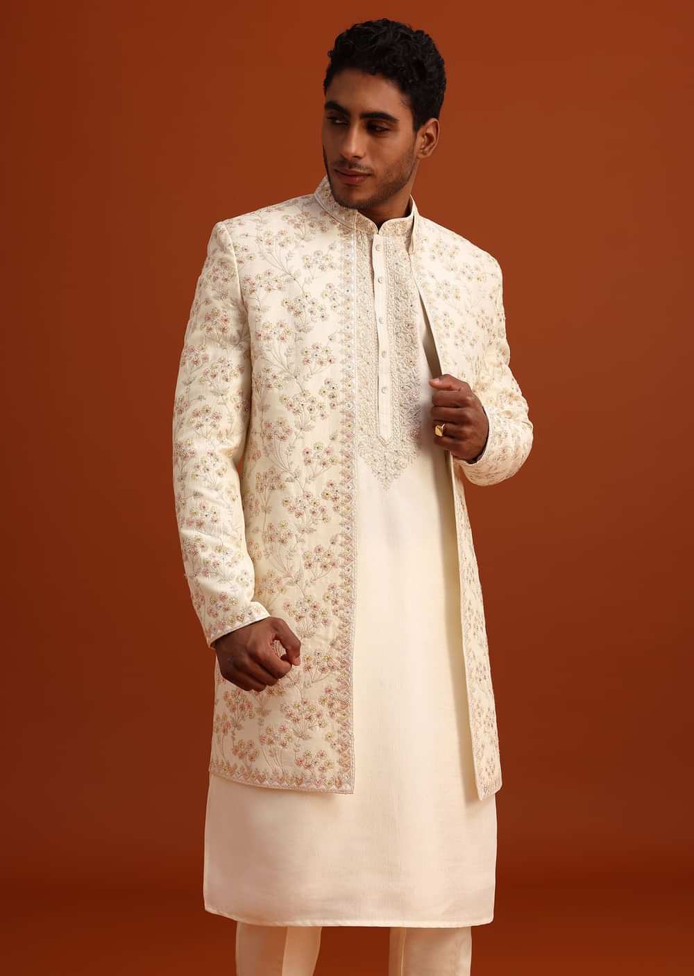 Beige Cotton Silk Sherwani Set With Hand Work