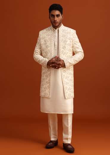 Beige Cotton Silk Sherwani Set With Hand Work