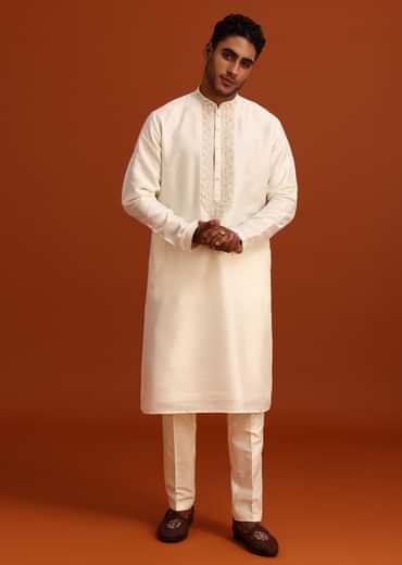 Beige Cotton Silk Sherwani Set With Hand Work