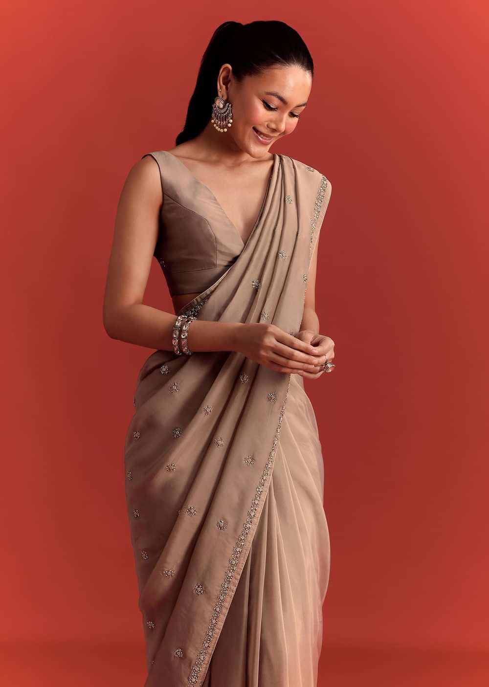 Beige Crepe Silk Saree With Cutdana Work