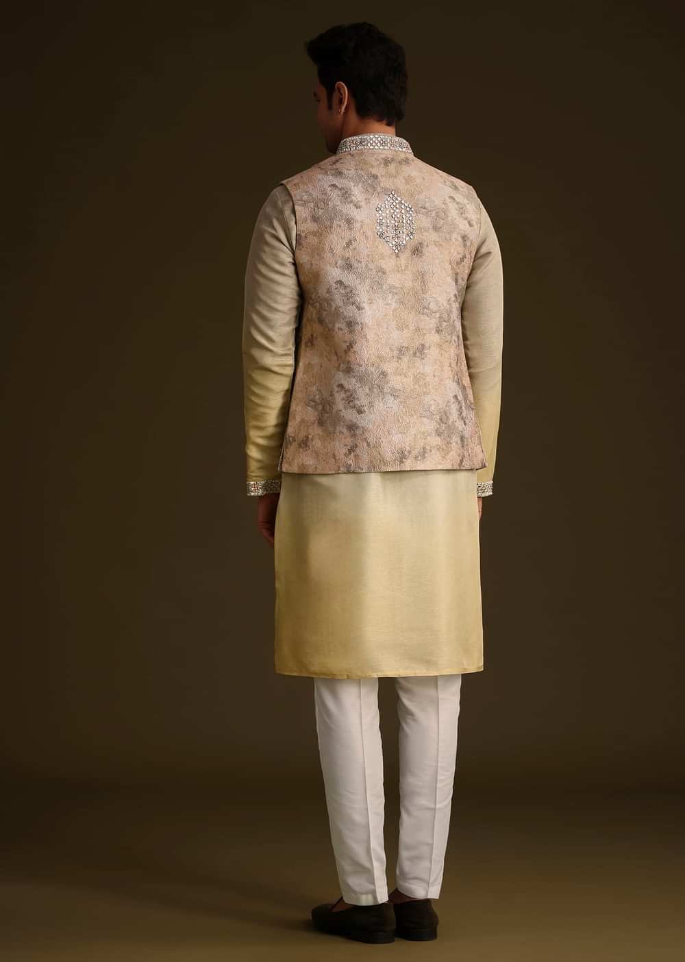 Beige Dola Silk Kurta Set With Mirror Work