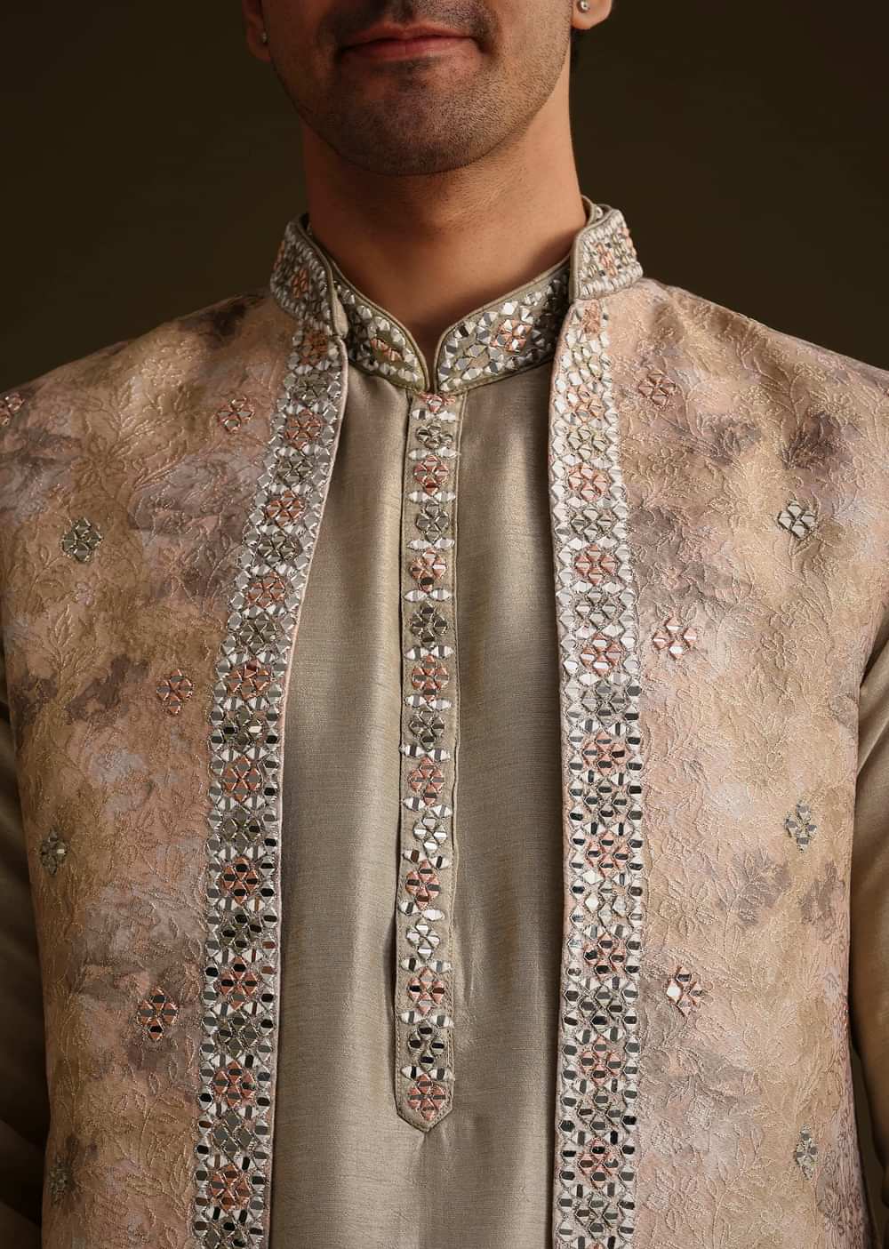 Beige Dola Silk Kurta Set With Mirror Work
