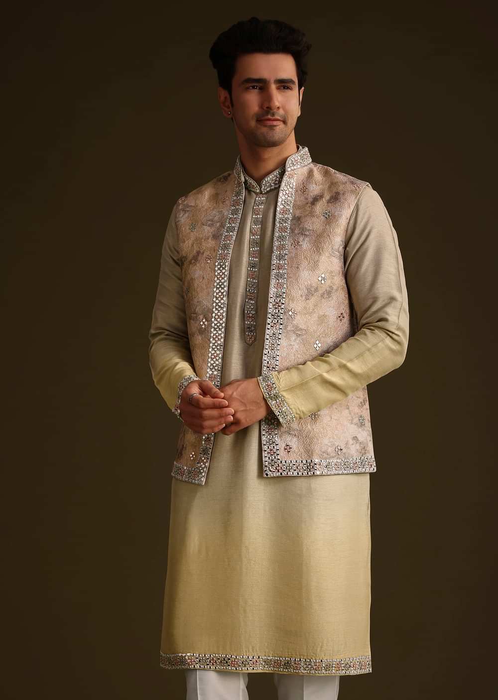Beige Dola Silk Kurta Set With Mirror Work
