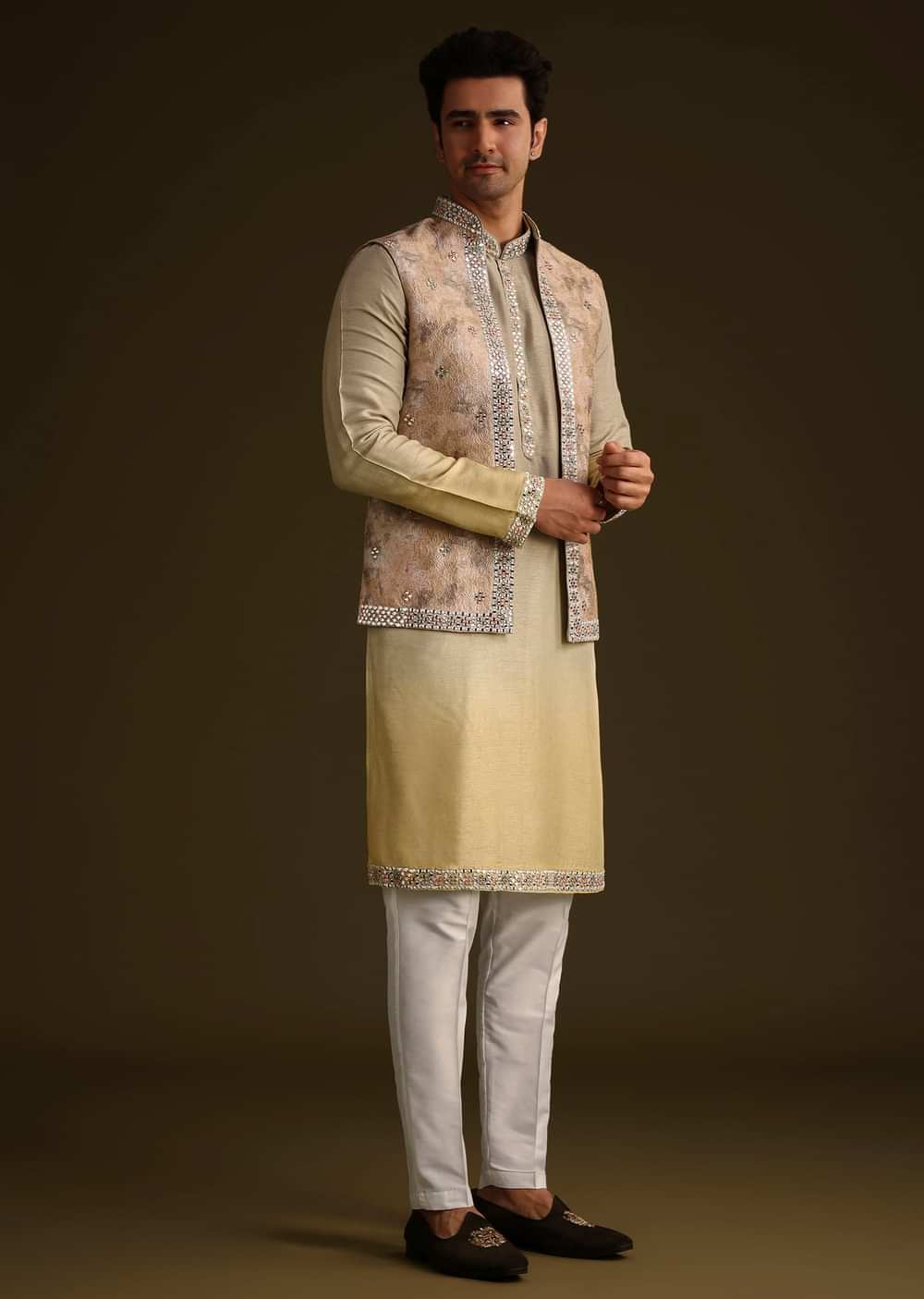 Beige Dola Silk Kurta Set With Mirror Work