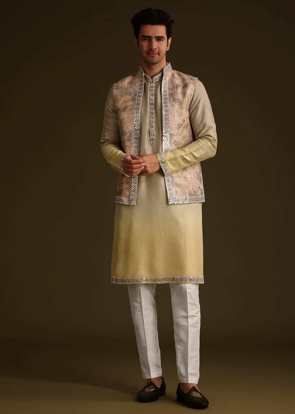 Beige Dola Silk Kurta Set With Mirror Work