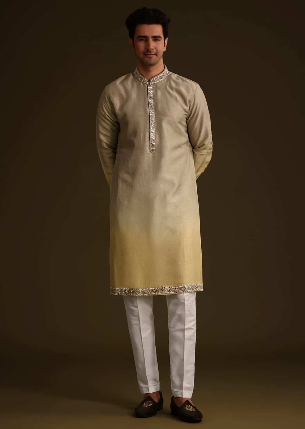 Beige Dola Silk Kurta Set With Mirror Work