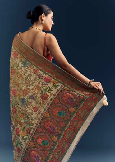 Beige Dola Silk Woven Saree With Nature Motif Embroidery Beige Dola Silk Woven Saree With Nature Motif Embroidery