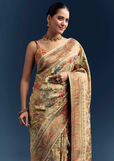 Beige Dola Silk Woven Saree With Nature Motif Embroidery Beige Dola Silk Woven Saree With Nature Motif Embroidery