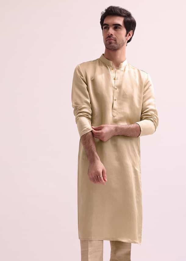 Beige Double Layered Raw Silk Sherwani And Kurta Set