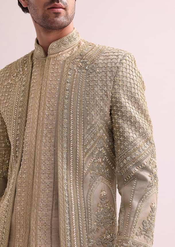Beige Double Layered Raw Silk Sherwani And Kurta Set