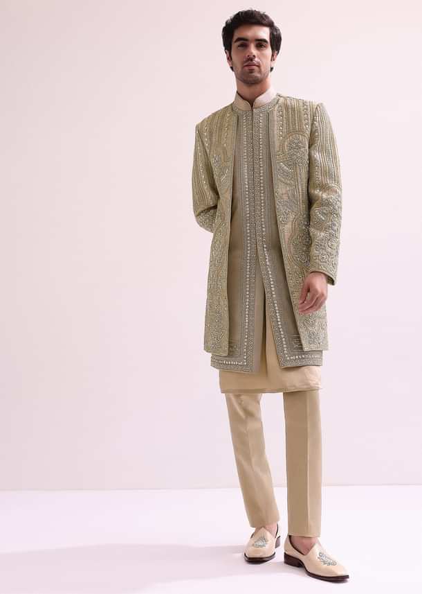 Beige Double Layered Straight Cut Silk Sherwani And Kurta Set