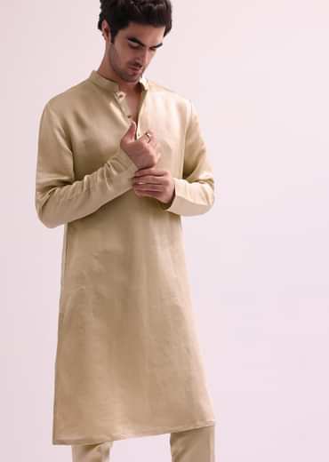 Beige Double Layered Straight Cut Silk Sherwani And Kurta Set