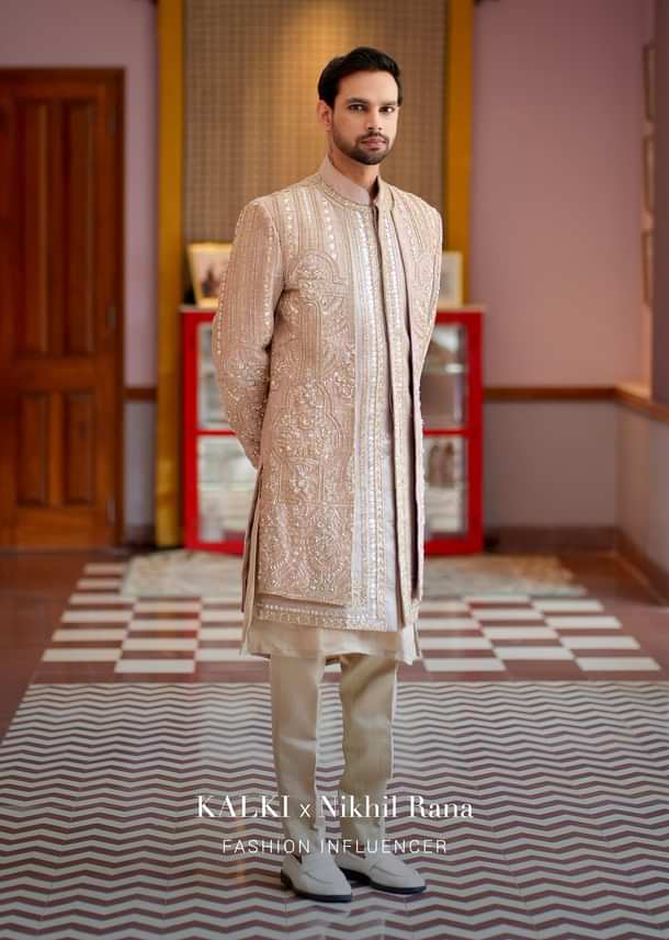 Beige Double Layered Straight Cut Silk Sherwani And Kurta Set