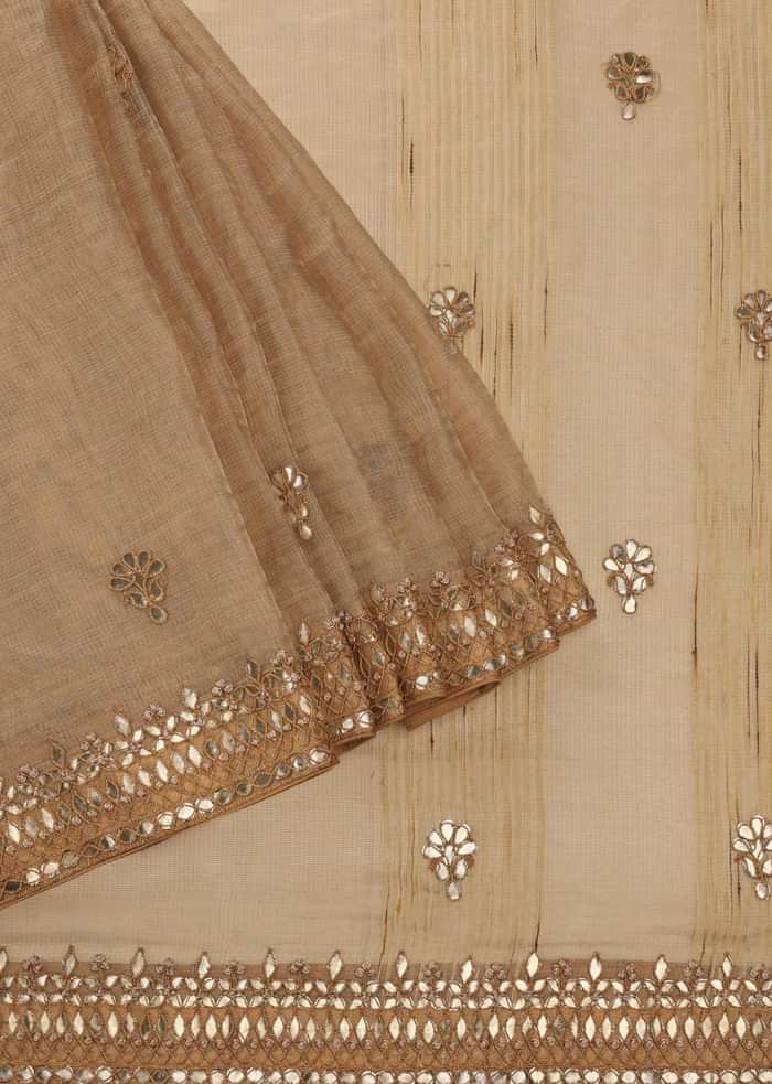 Beige Embroidered Banarasi Saree With Gota Patti And Beads In Tissue Organza