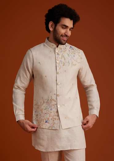 Beige Embroidered Kurta Jacket Set