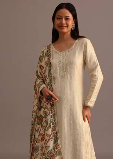 Beige Embroidered Kurti Pant Set With Kalamkari Printed Chanderi Dupatta