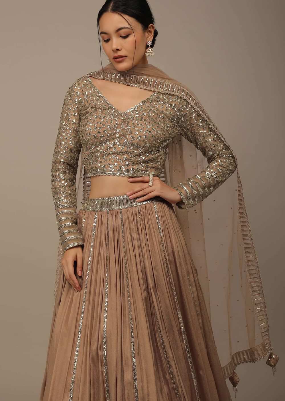 Beige Festive Sequins And Zari Embroidered Lehenga Set In Chinon