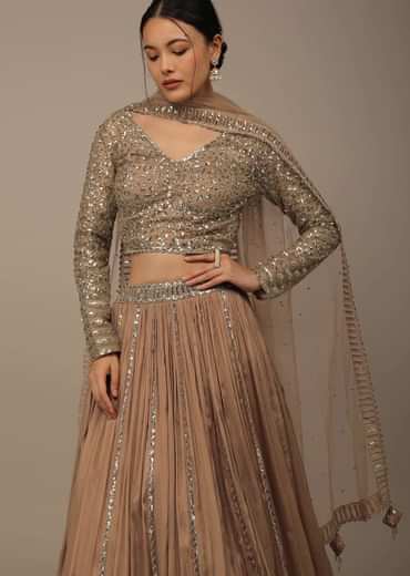 Beige Festive Sequins And Zari Embroidered Lehenga Set In Chinon