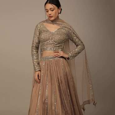 Beige Festive Sequins And Zari Embroidered Lehenga Set In Chinon