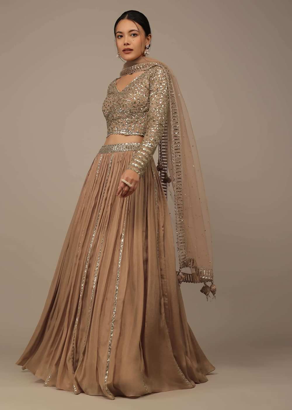 Beige Festive Sequins And Zari Embroidered Lehenga Set In Chinon